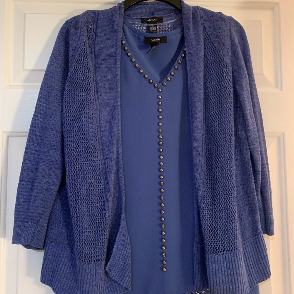 Pretty top with sweater cover up. The top is a 12 petite sweater large.